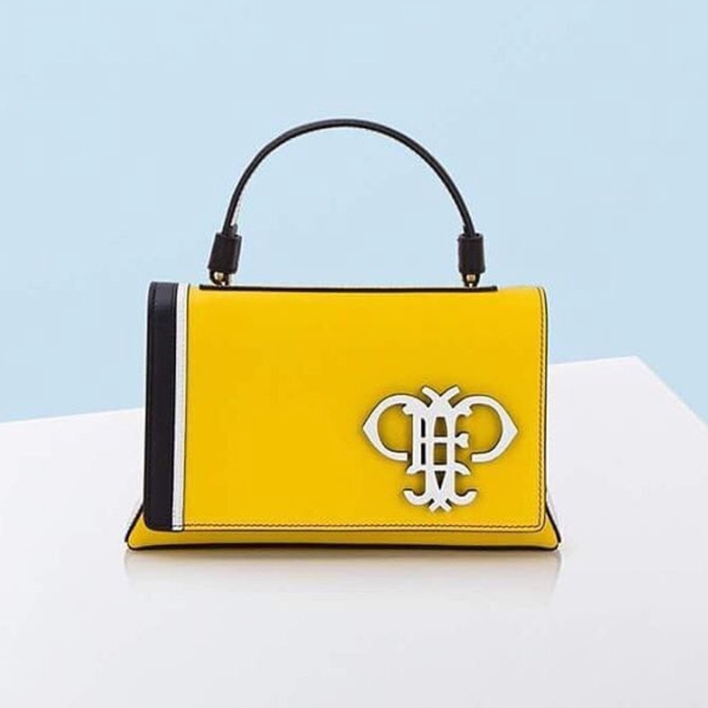 Emilio Pucci Yellow Leather Top-Handle Satchel with Black & White Trim